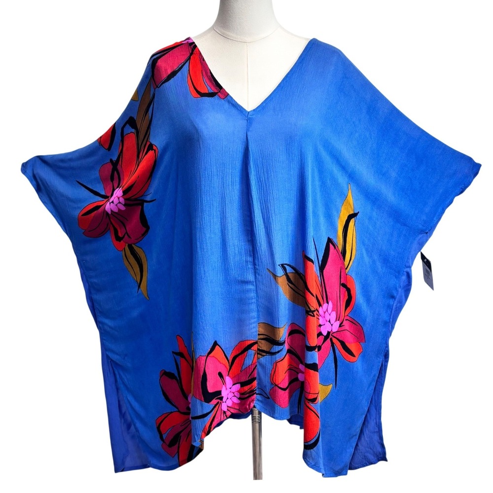 NWT O'Neill Swim Cover Up 100% Viscose Blue‎ Floral Kaftan Kimono Beach Surf M/L